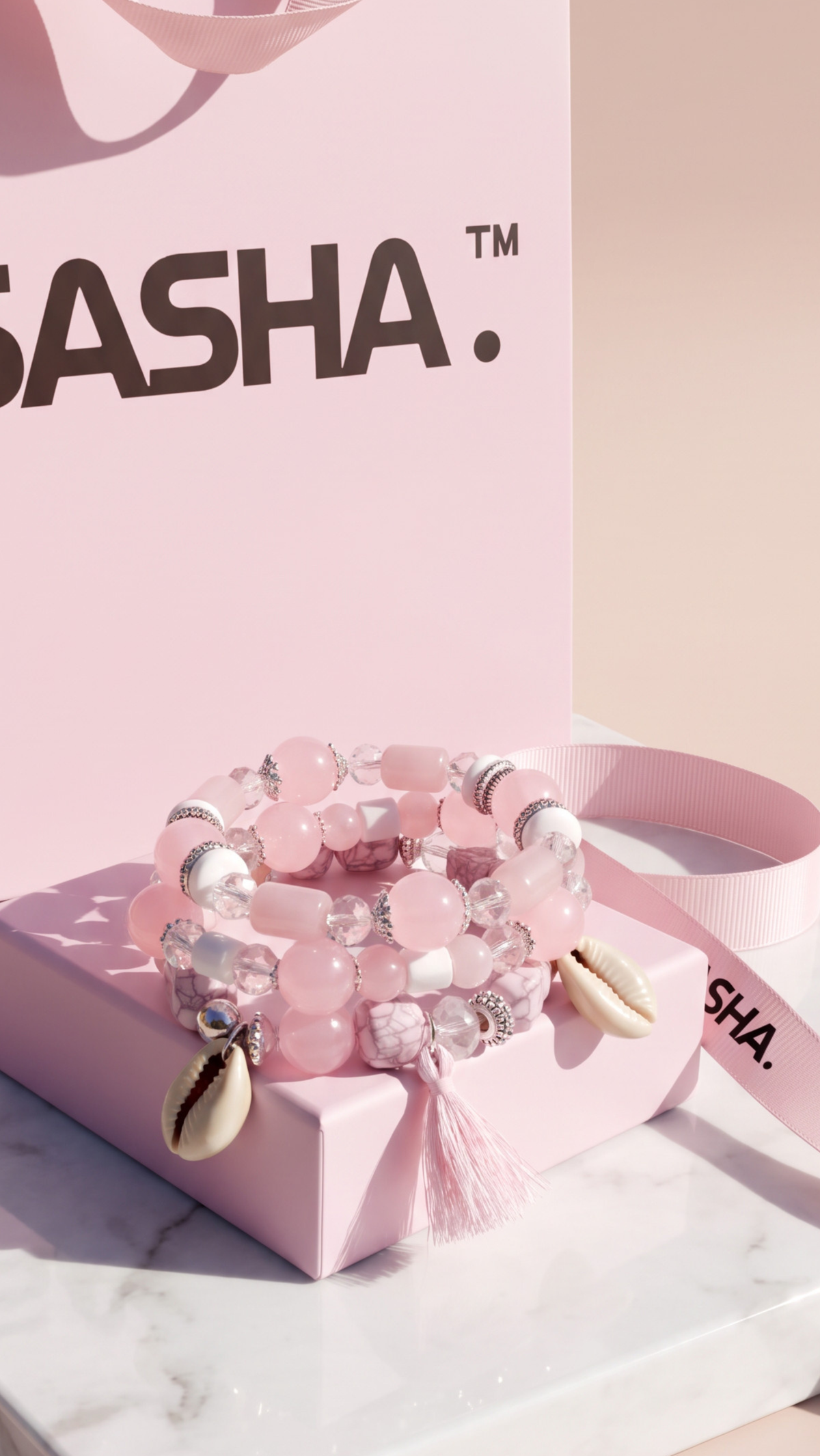 SASHA Shell & Tassel Charm Ceramic Beaded Bracelet Set