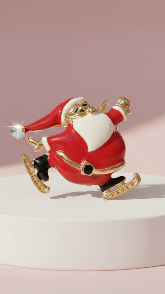 Ice Skating Santa Claus Festive Christmas Brooch