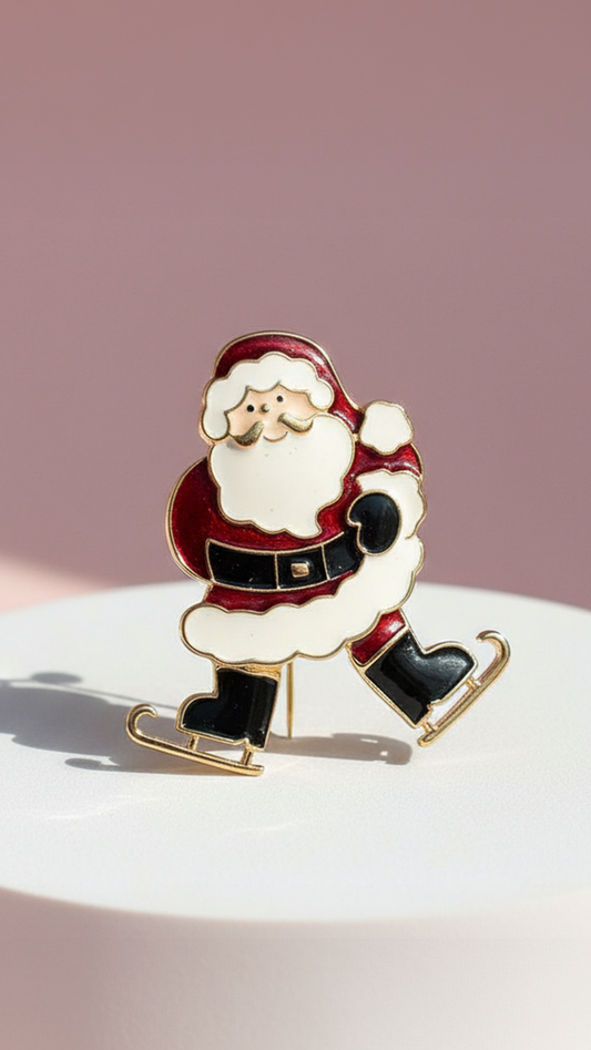 Ice Skating Santa Festive Christmas Brooch