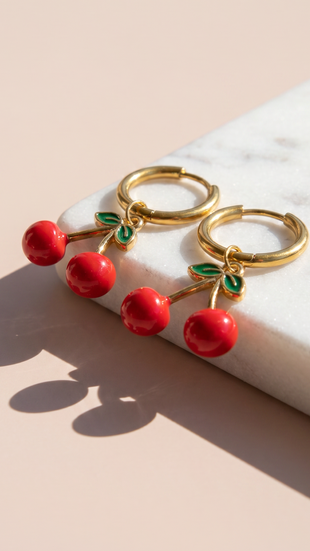 Red Cherry Huggie Hoop Gold Plated Steel Earrings