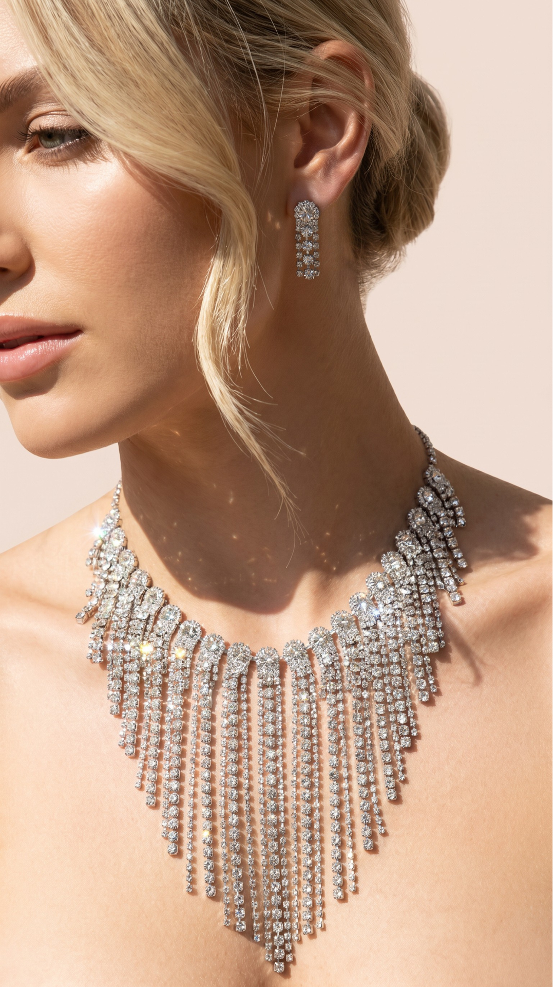 Statement Layered Crystal Tassel Necklace & Earrings Set
