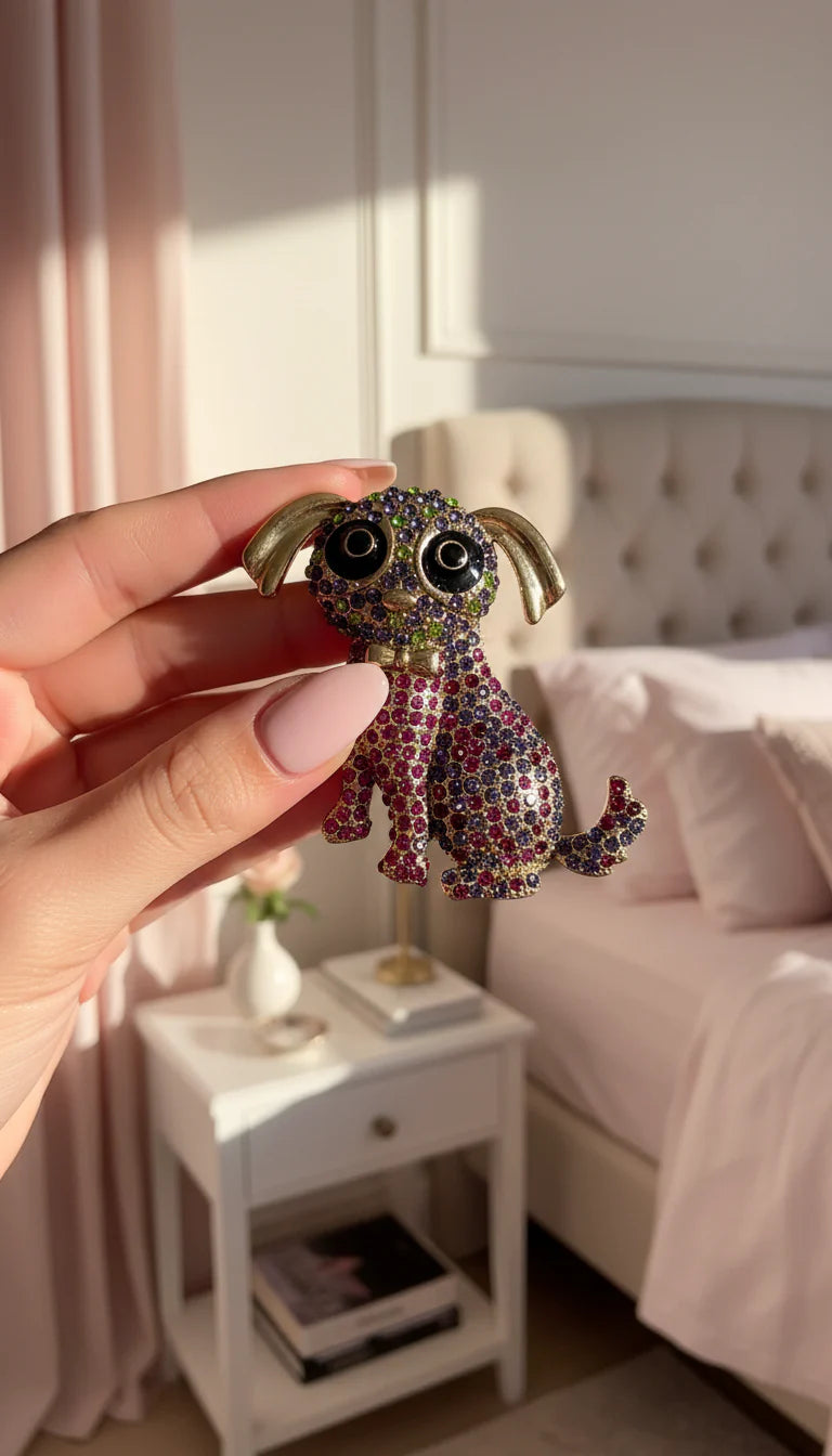 Crystal Puppy Dog & Bow Tie Oversized Statement Brooch Pin