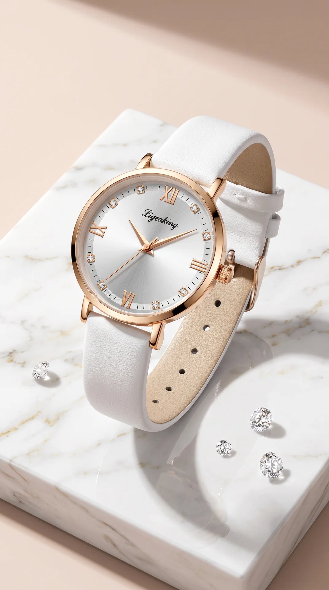 Classic Crystal Dial Quartz Watch with Leather Strap