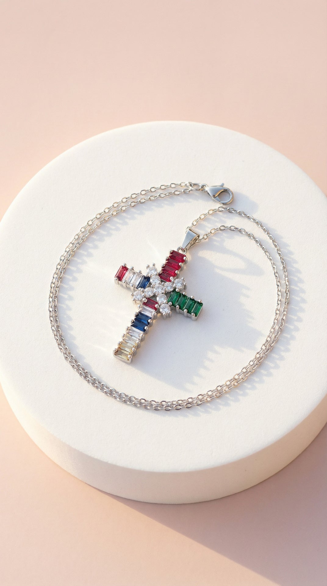 Waterproof Layered Rainbow Crystal Cross Stainless Steel Necklace