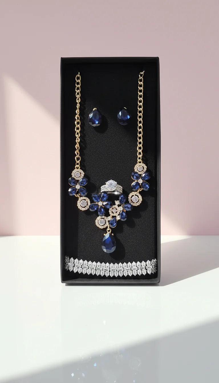 Blue Crystal Necklace, Bracelet, Earrings & Ring Set With Gift Box