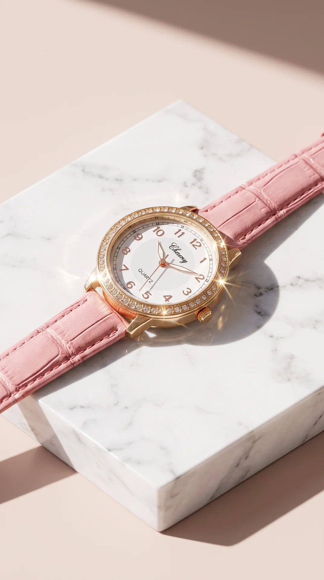 Crystal Bezel Leather Strap Watch