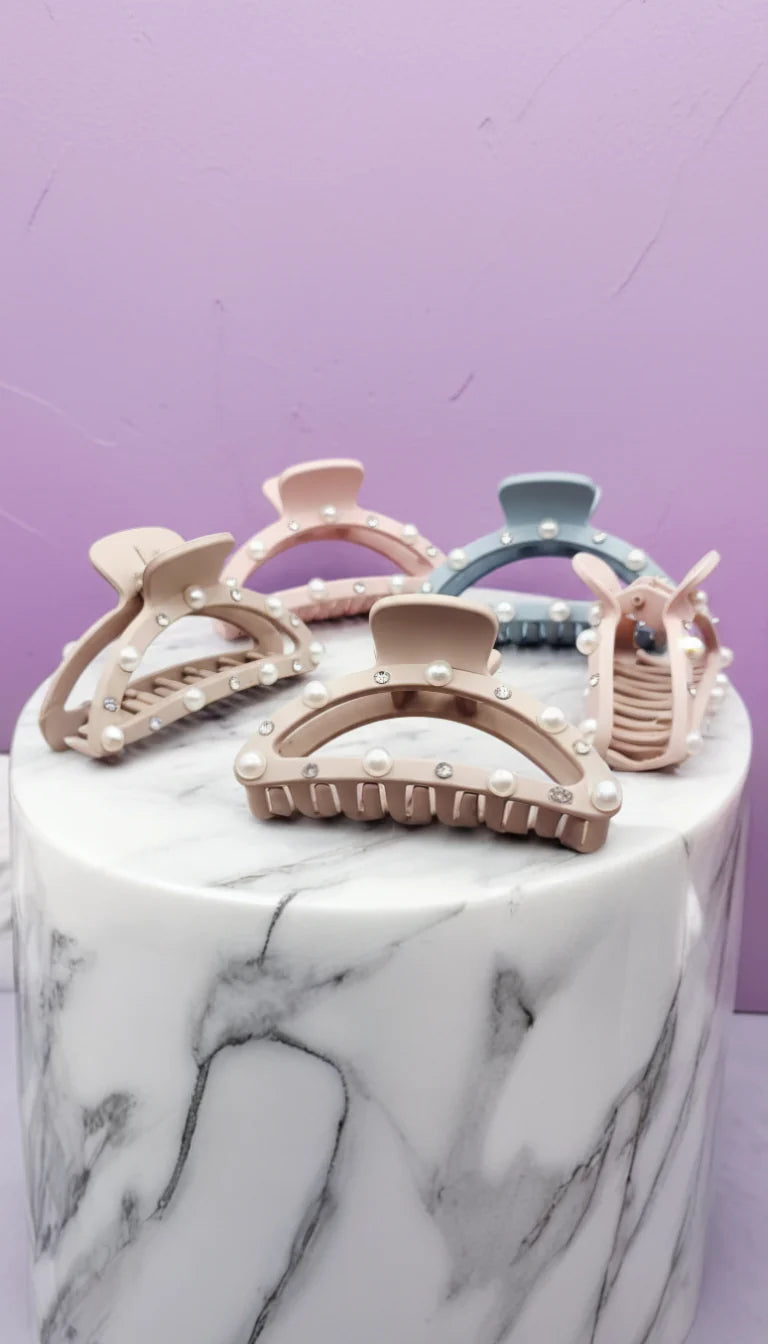 Pearl & Rhinestone Matte Curved Hair Clamps Pack of 12