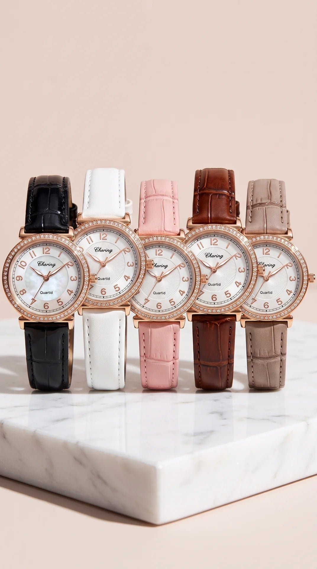 Crystal Bezel Leather Strap Watch