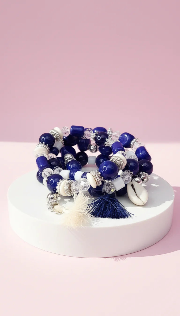 Shell & Tassel Charm Ceramic Beaded Bracelet Set