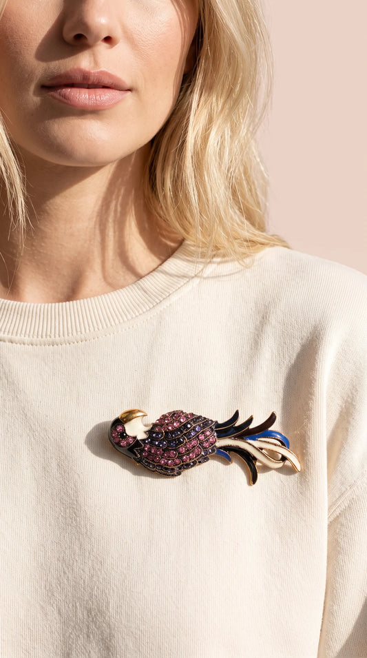 Crystal Bird Brooch with Multicolor Enamel