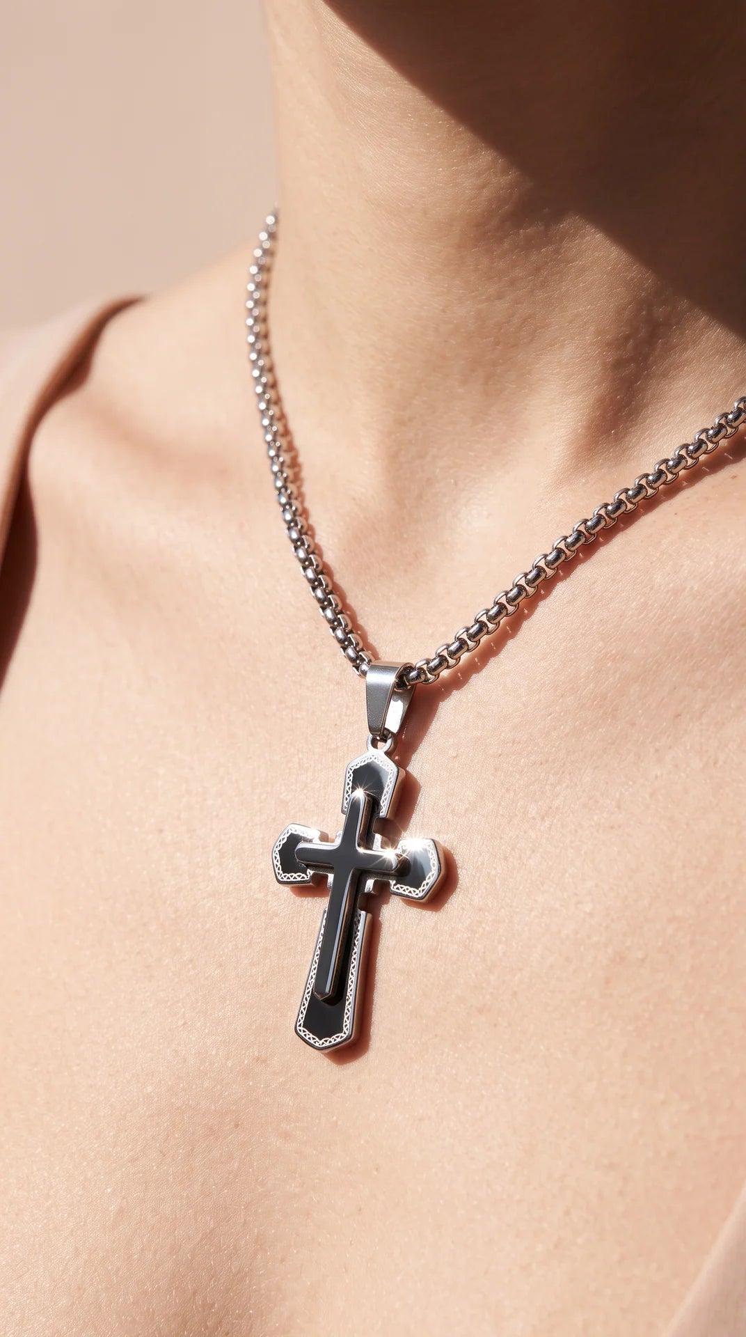 Stainless Steel Beveled Layered Cross Pendant Necklace