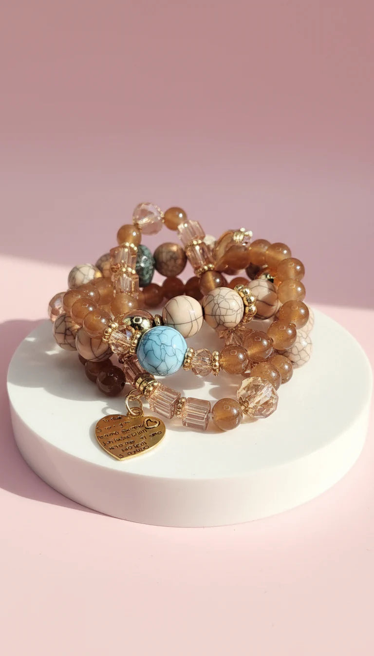 Evil Eye & Heart Charm Ceramic Beaded Bracelet Set