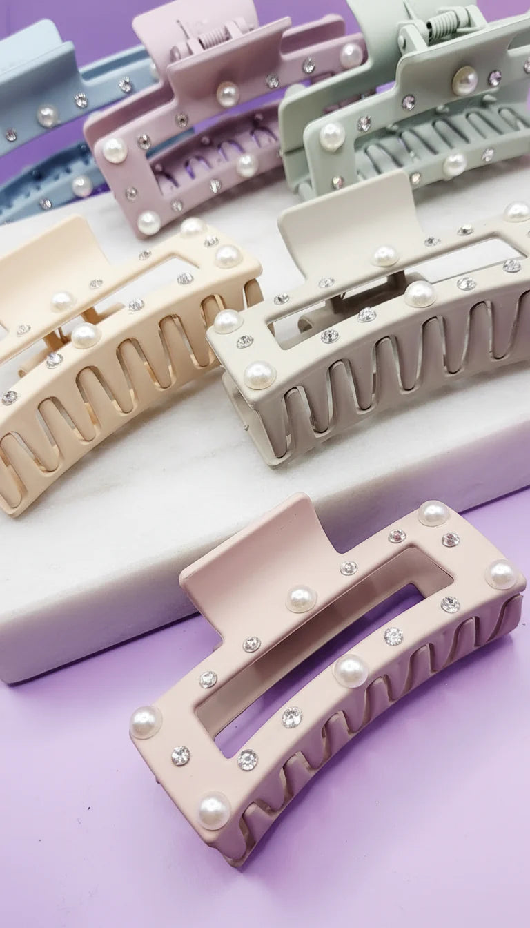 Pearl & Rhinestone Matte Square Hair Clamps Pack of 12