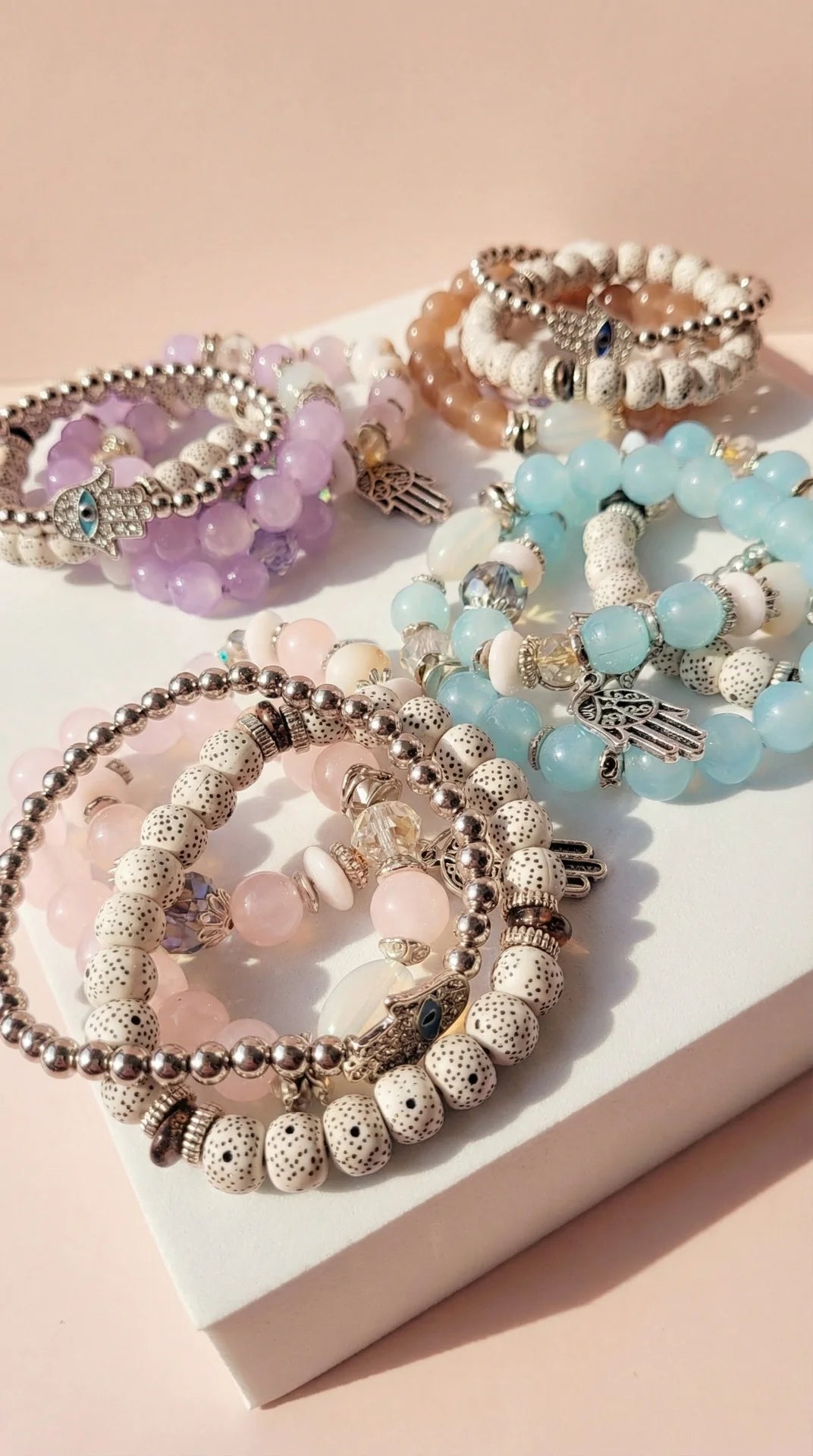 Hamsa Charm Ceramic Beaded Bracelet Set