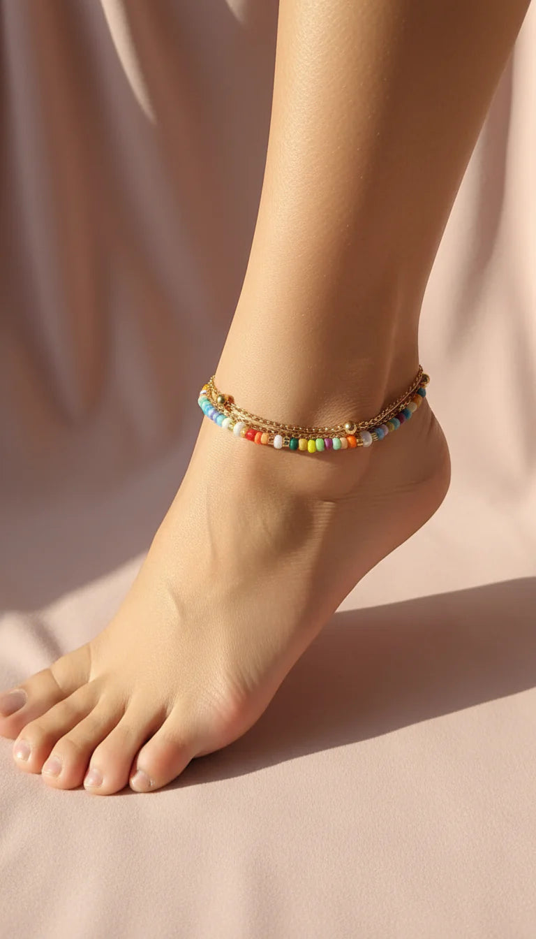 Layered Beaded Pull Tie Adjustable Anklet