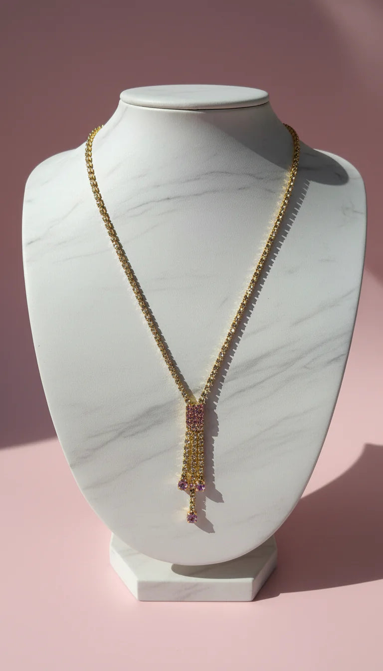 Pink Tassel Crystal Long Necklace