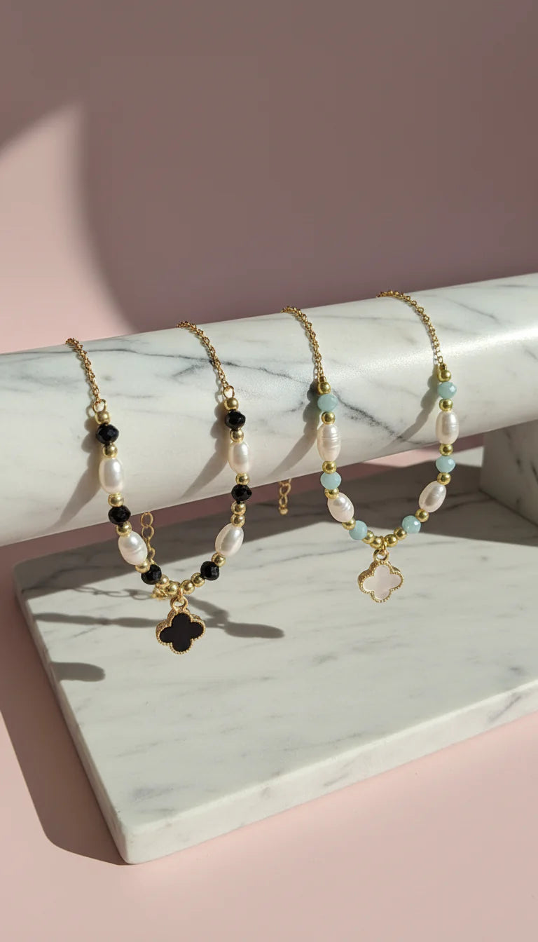 Clover & Pearl Beaded Pull Tie Anklet