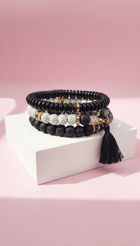 Tassel & Hamsa Charm Ceramic Beaded Bracelet Set