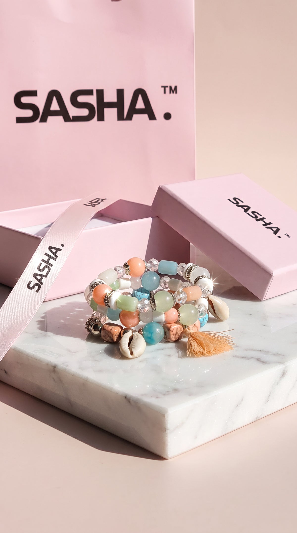 SASHA Shell & Tassel Charm Ceramic Beaded Bracelet Set