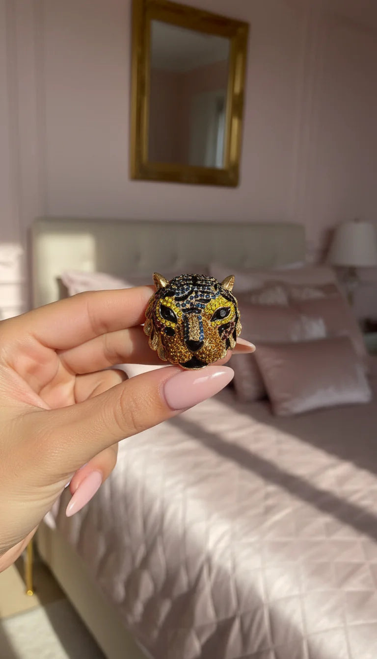 Tiger Head Crystal Brooch Pin Rhinestone Statement Jewellery