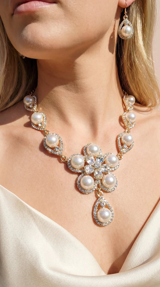 Floral Pearl Crystal Necklace & Earring Set