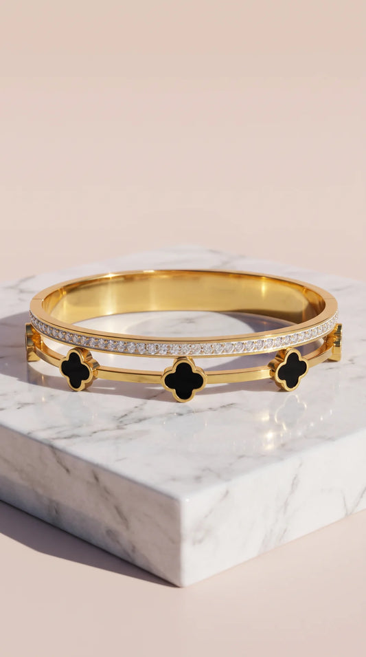 Clover Stainless Steel Gold Plated Crystal Bangle