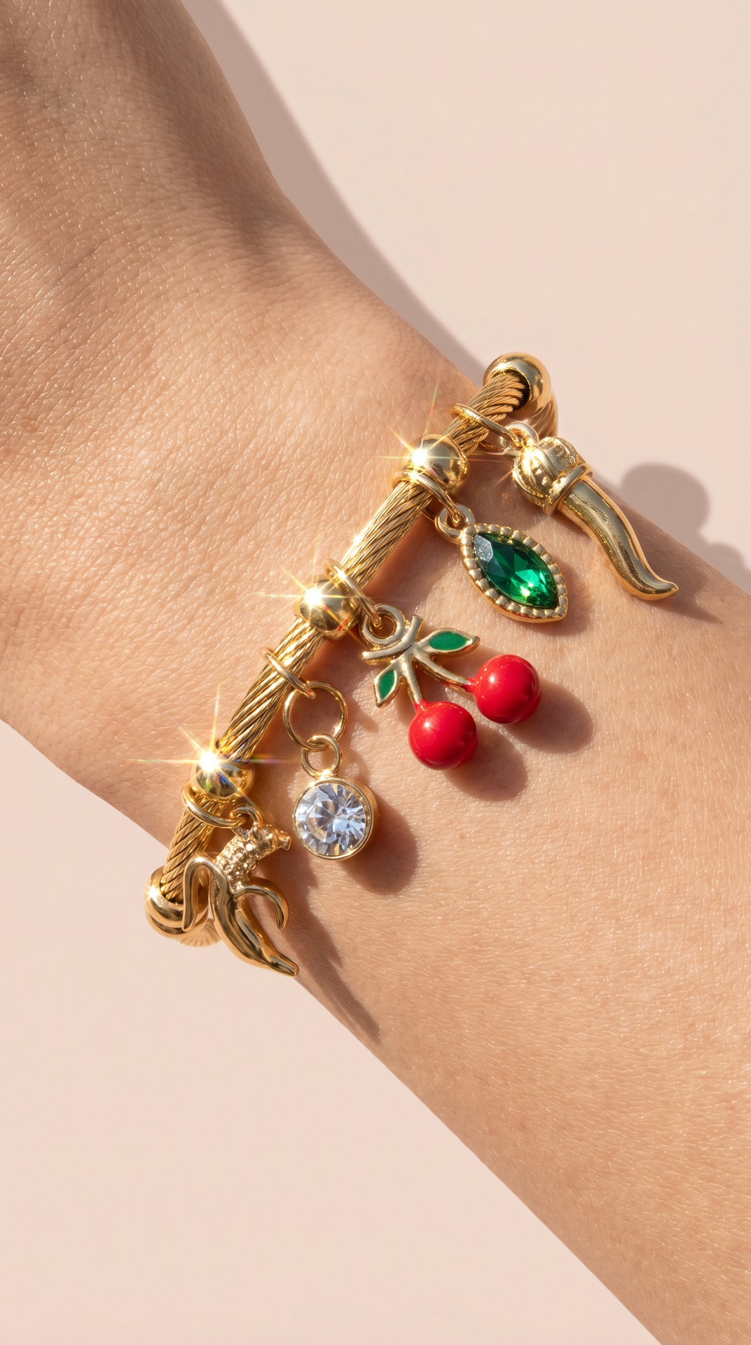 Cherry Fruit Gold Plated Steel Charm Bracelet