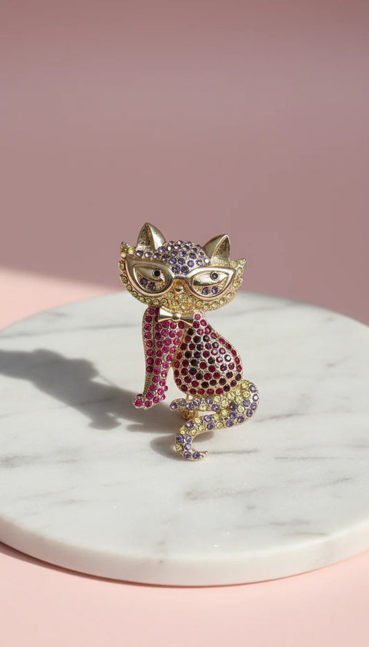 Cat With Glasses Crystal Brooch