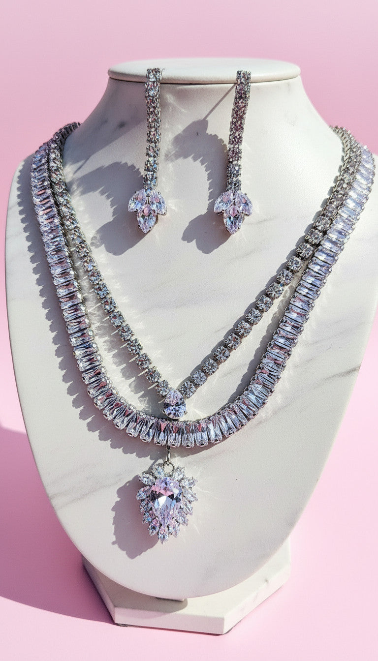 Crystal Baguette Cut Layered Necklace & Earrings Set