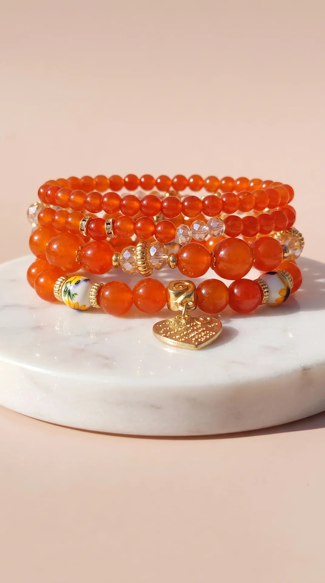 Gold Heart Charm Beaded Bracelet Stacking Set