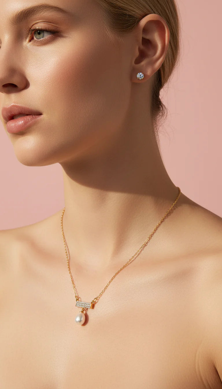 Crystal Bar & Pearl Drop Pendant Necklace & Earring Set