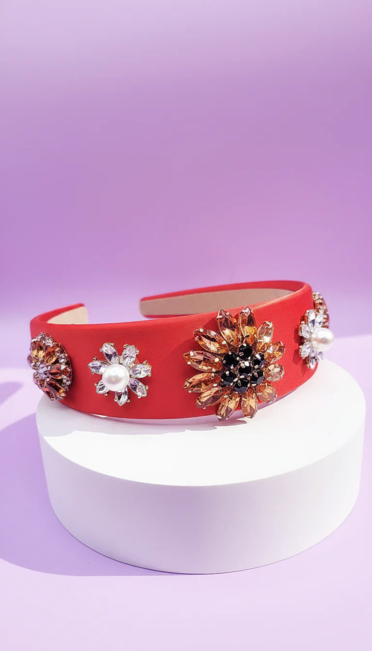 Crystal Flower & Pearls Satin Hair band