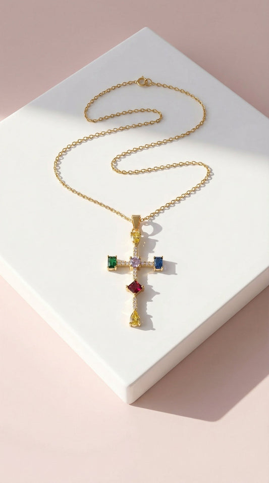 Waterproof Rainbow Gem Crystal Cross Stainless Steel Necklace