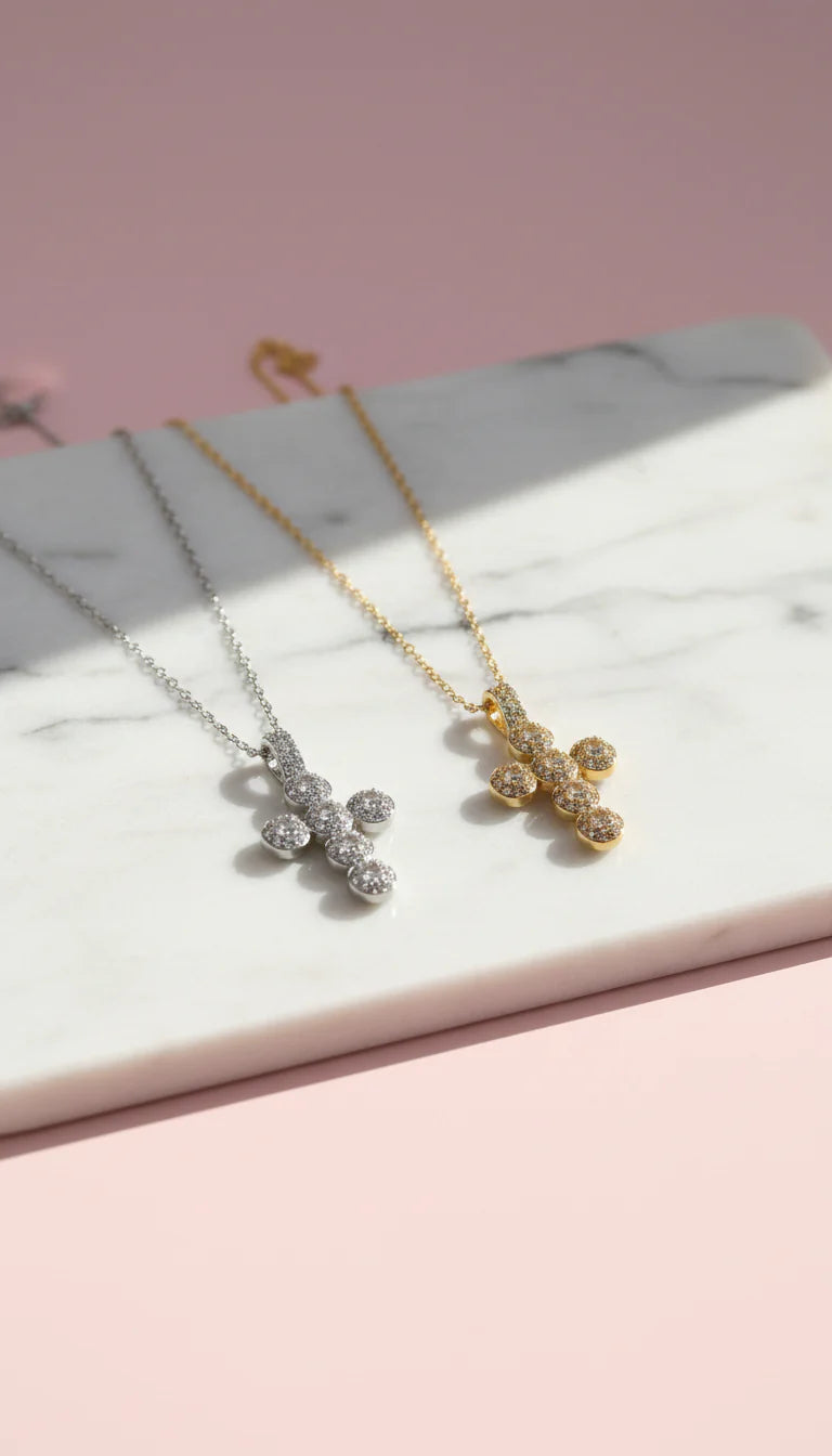 Stainless Steel Oval Crystal Cross Necklace