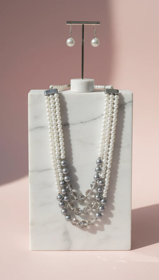 Crystal Pearl Multi Layer Necklace & Earrings Set