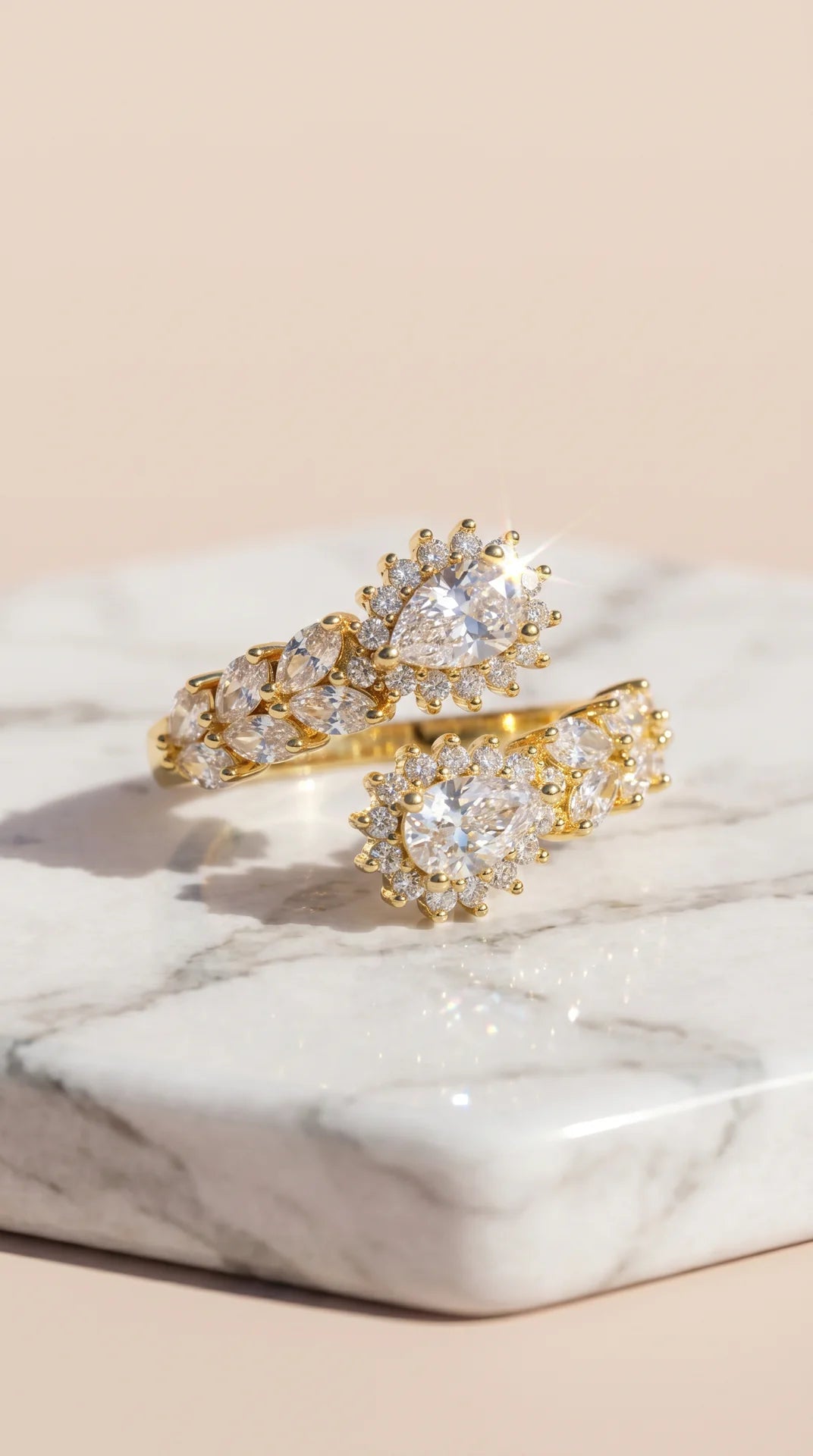 Box Of 12 Crystal Free Size Gold Plated Adjustable Statement Rings