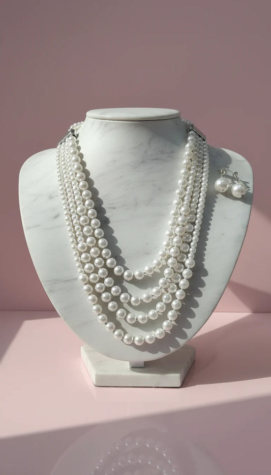 Pearl Multi Layer Necklace & Earrings Set