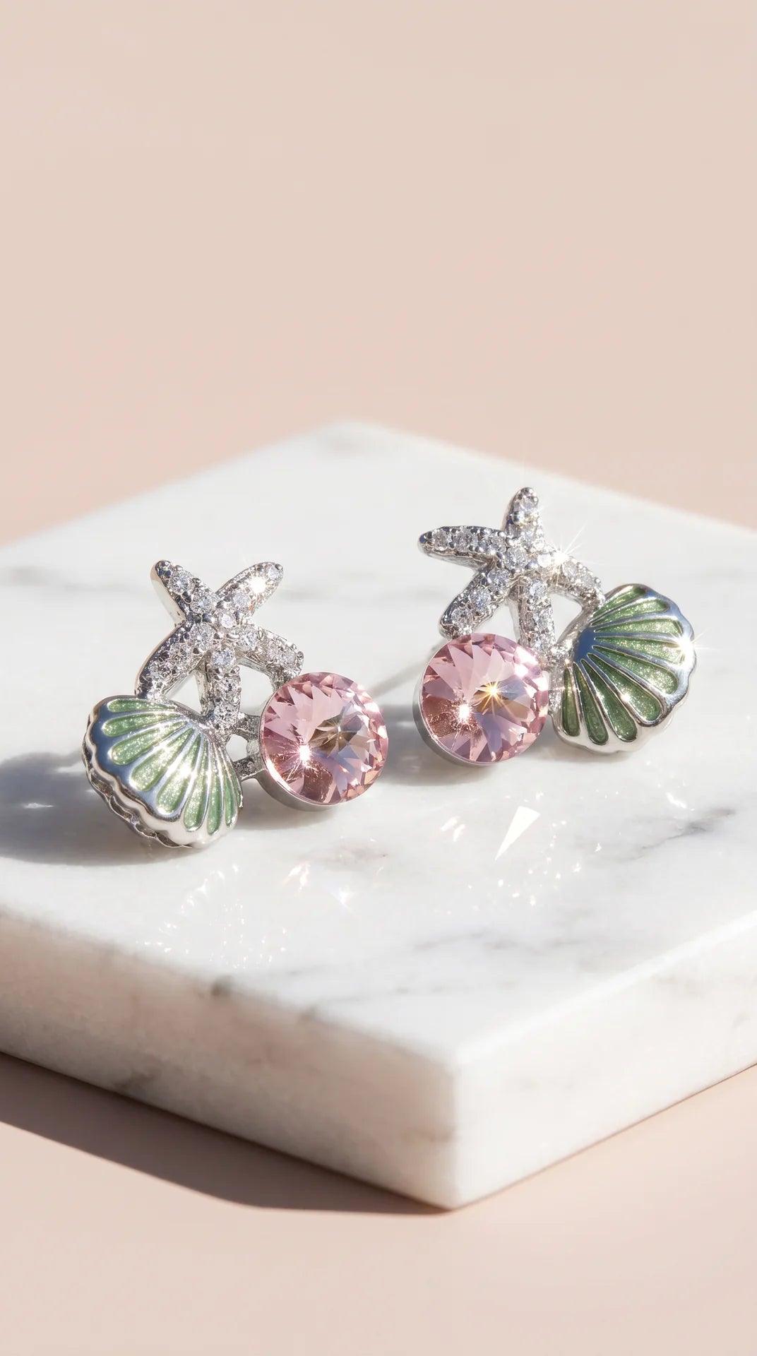 Starfish & Seashell Gold Plated Pink Crystal Stud Earrings