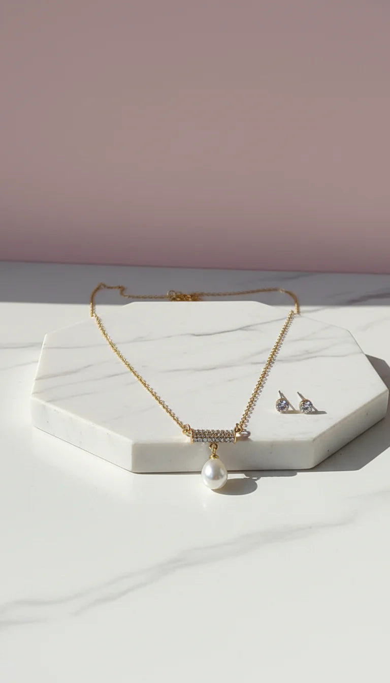 Crystal Bar & Pearl Drop Pendant Necklace & Earring Set