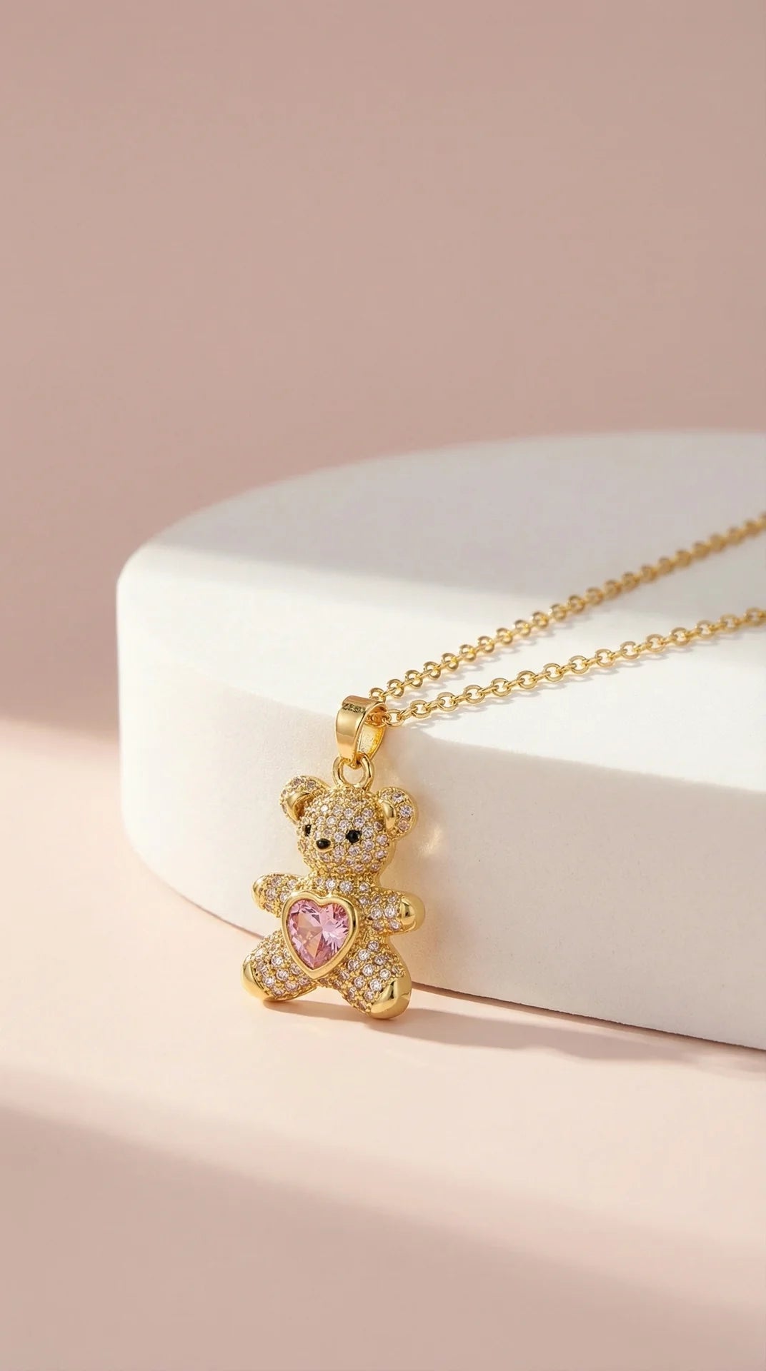 Teddy Bear & Heart Crystal Pendant Necklace
