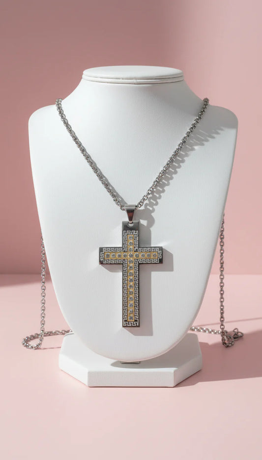 Stainless Steel Two Tone Gold Engraved Greek Key Cross Necklace