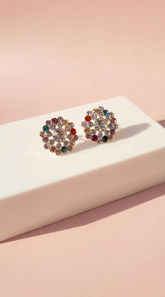 Rainbow Round Cluster Crystal Non Pierced Clip On Earrings