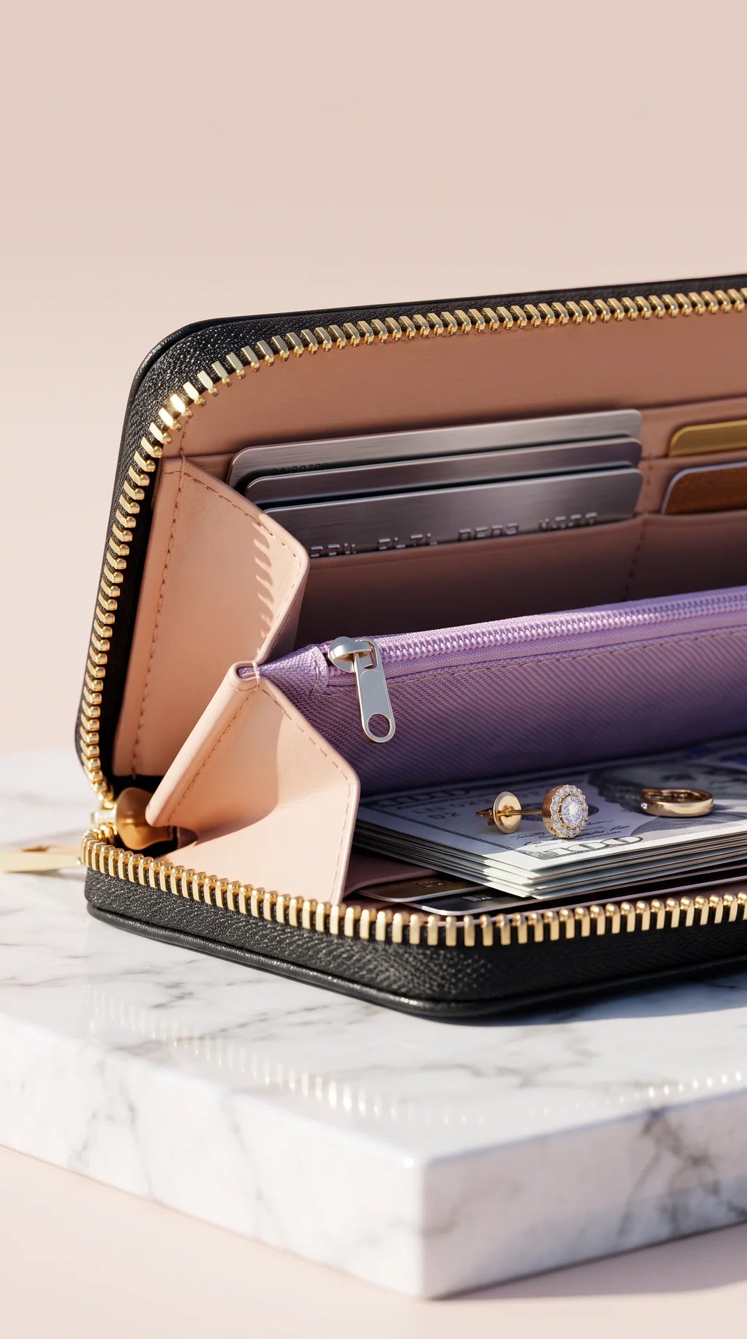 Quilted Studded Continental Zip-Around Wallet