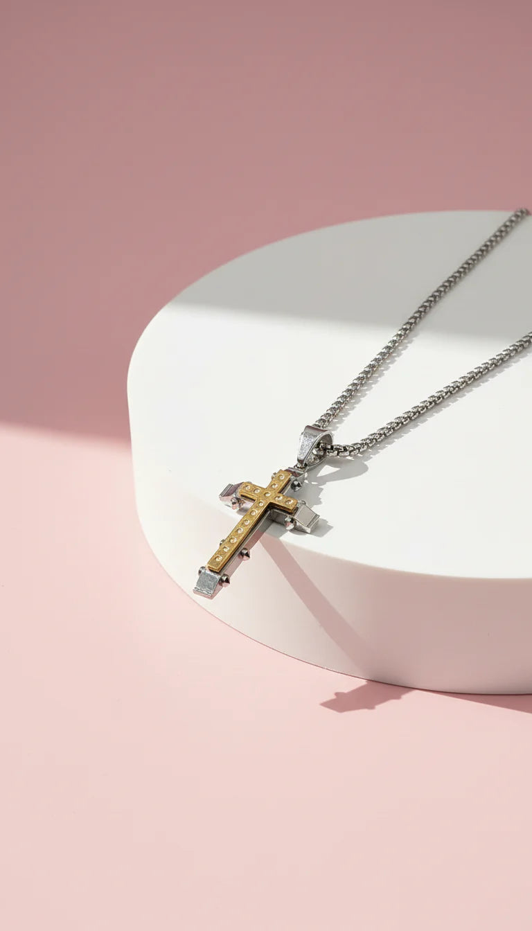 Layered Two Tone Stainless Steel Cross Necklace
