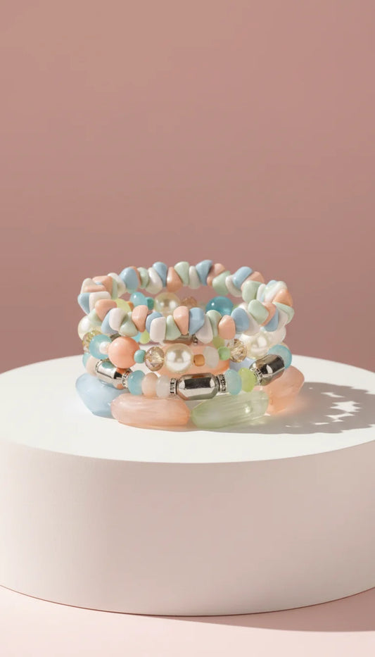 Silver Pearl Ceramic Beaded Bracelet Set