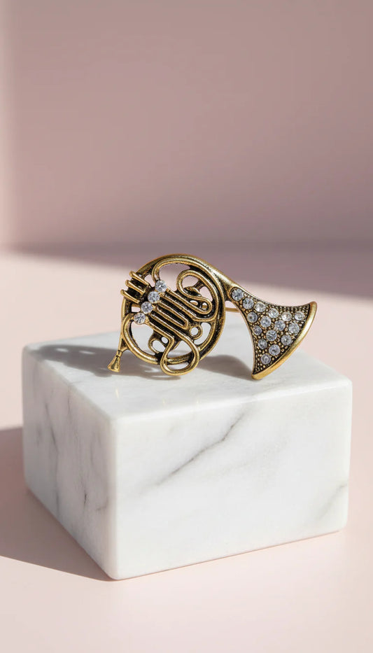 French Horn Crystal Brooch Pin