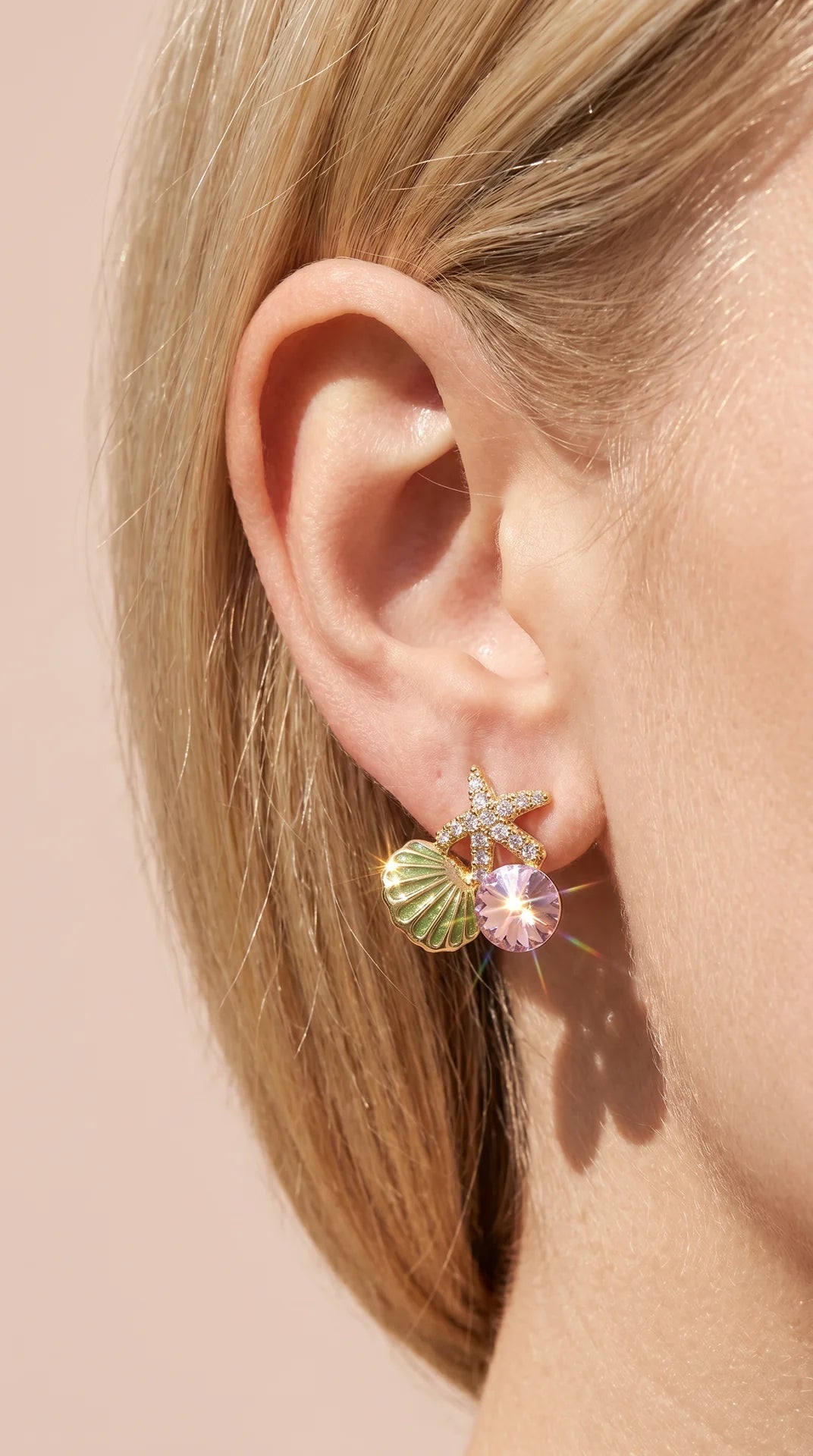 Starfish & Seashell Gold Plated Pink Crystal Stud Earrings