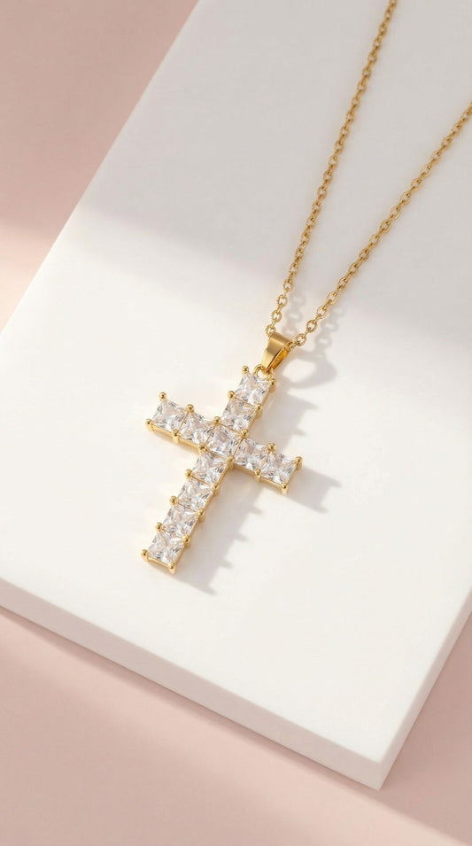 Chunky Square Cut Crystal Cross Stainless Steel Necklace
