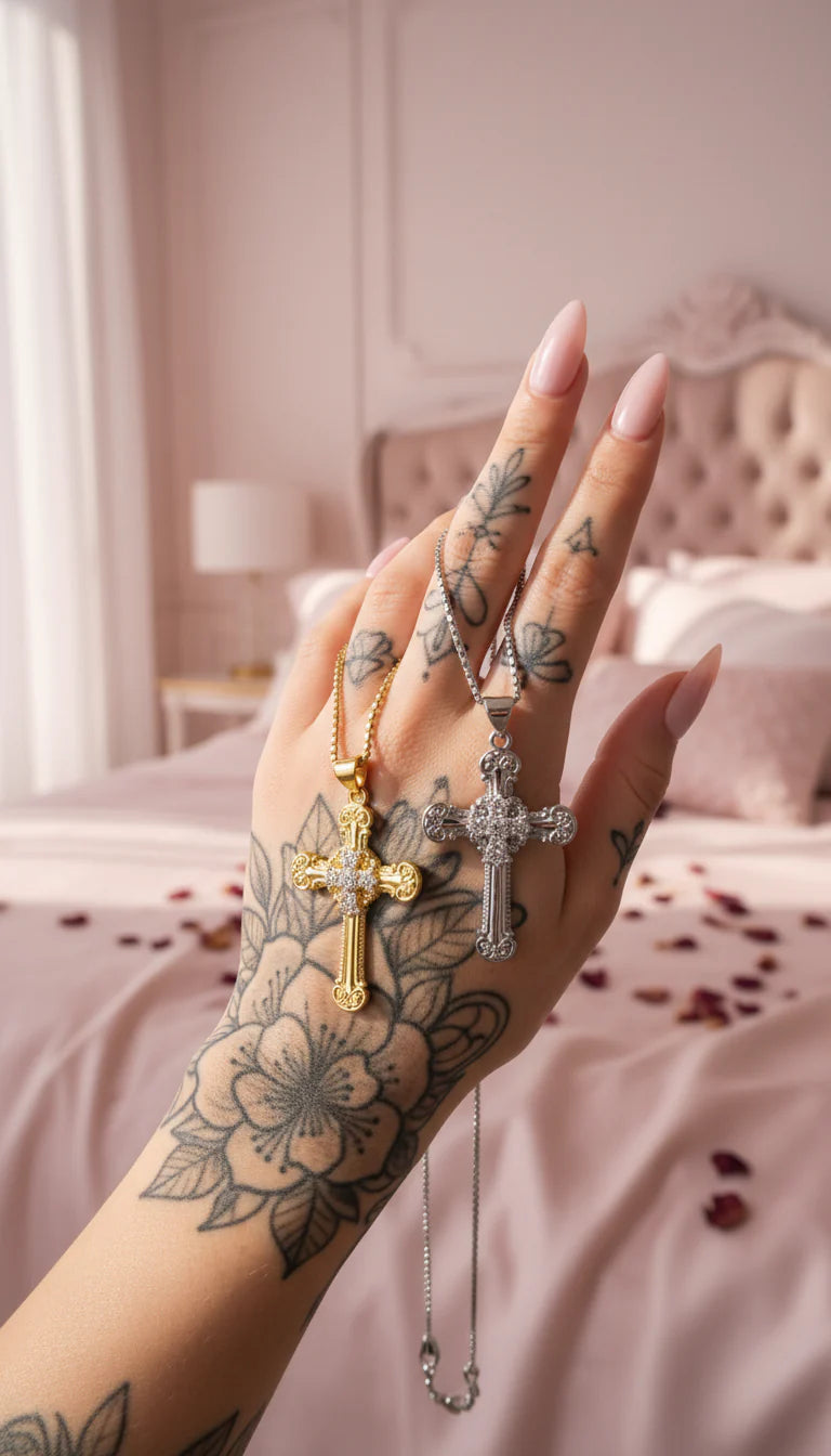 Waterproof Inlaid Crystal Cross Gold Plated Necklace