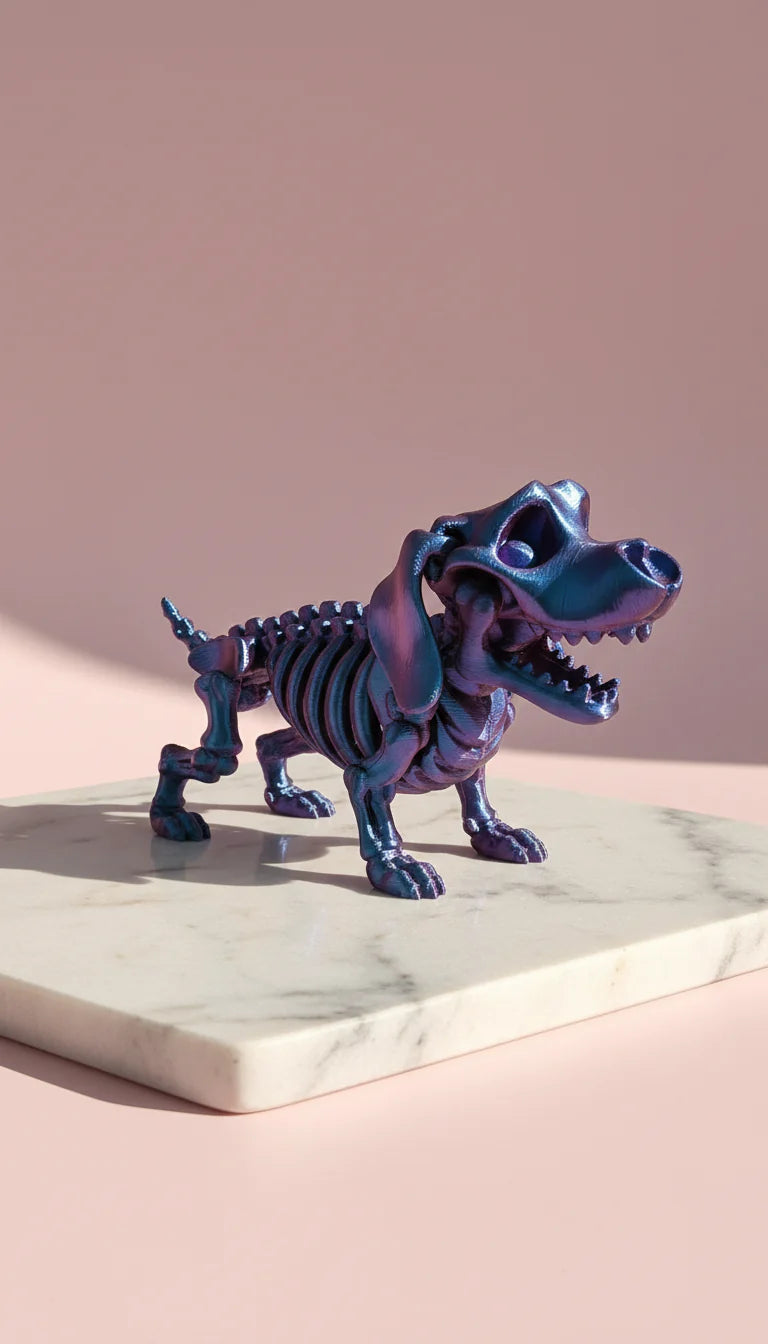 3D Printed Articulated Fantasy Skelton Sausage Dog Figurine: Bioplastic